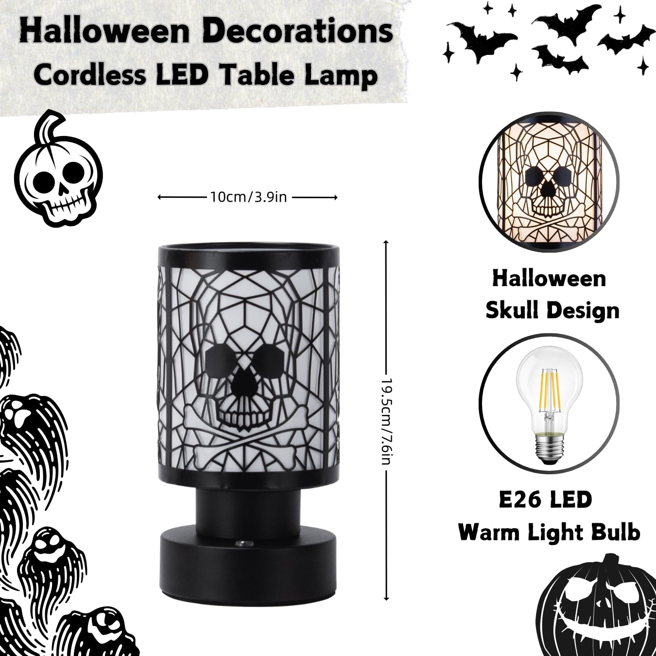 liveMAX Rechargeable Cordless Touch Desk Lamp with Metal Skull